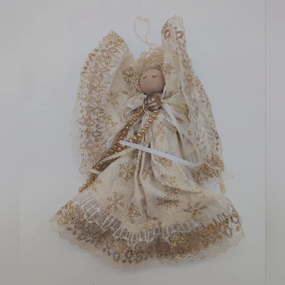 Vintage Elegant Clothespin Gold and Cream Holiday Angel Ornament Metal Clasp